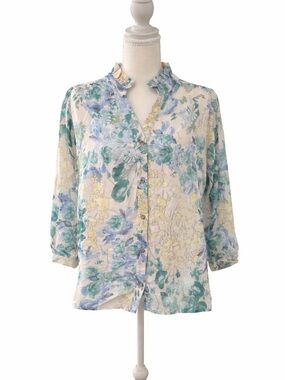Hudson Gray Floral Blouse M Sheer Button Front Ruffle Collar Top
